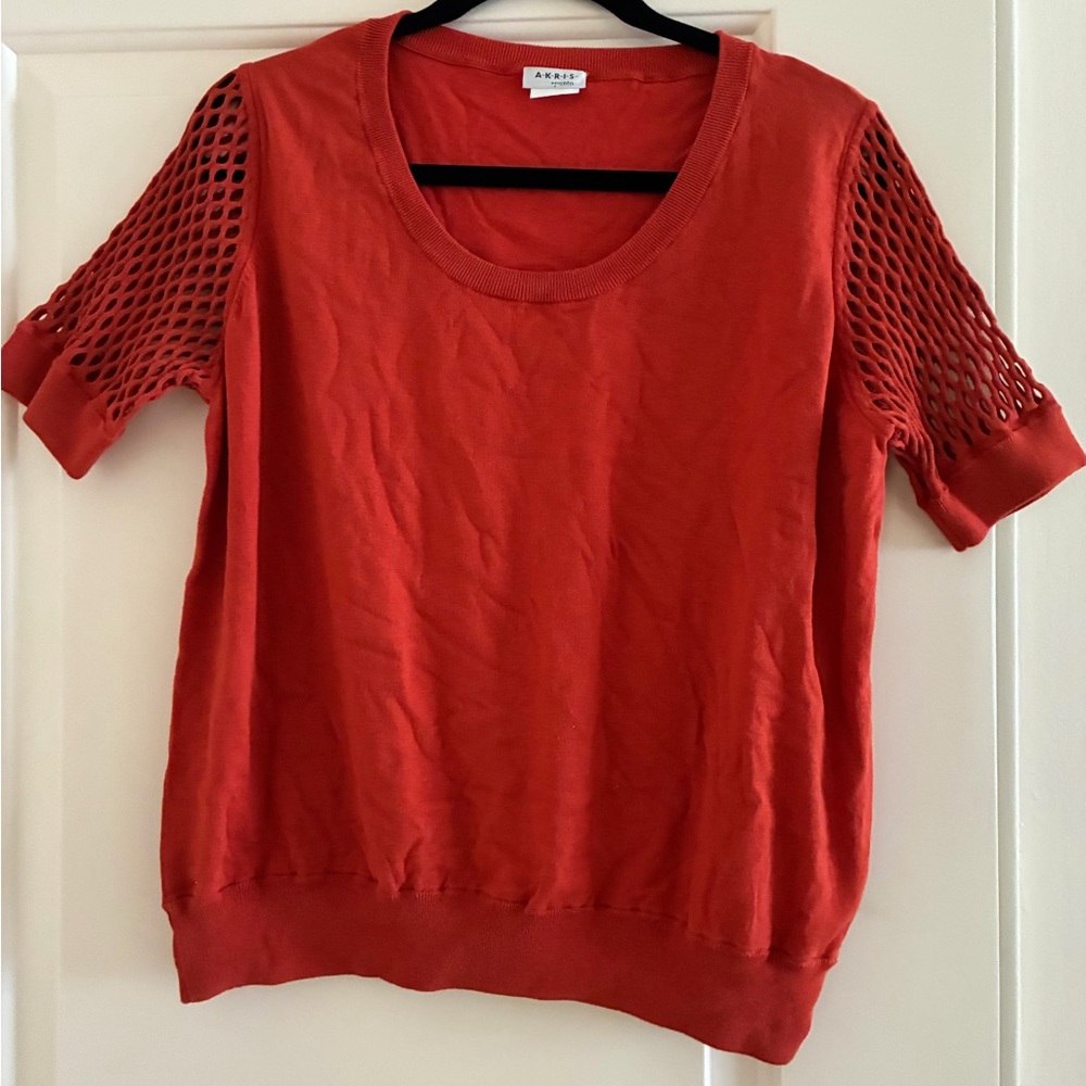 Akris Orange-Red Short Sleeve Mesh Accent Sweatshirt
